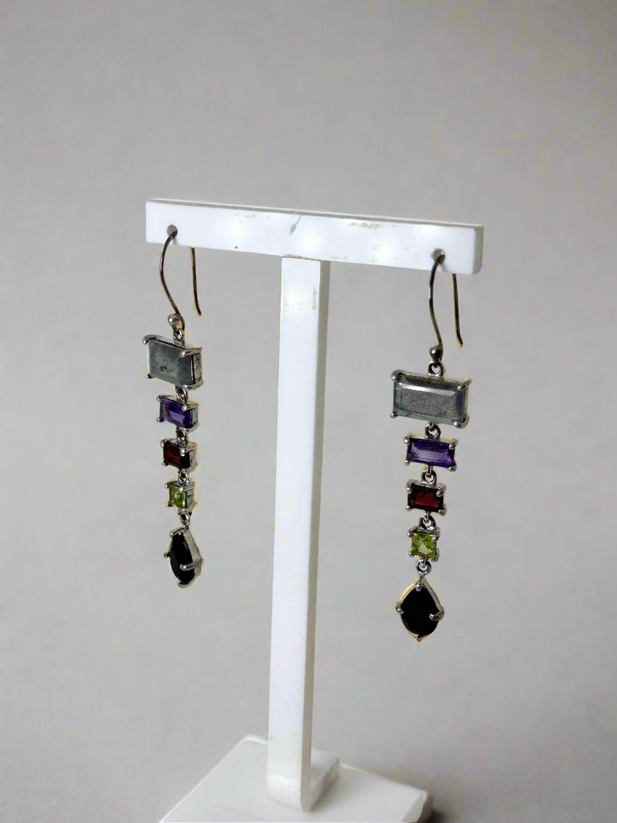 Multi Coloured Natural Gem Stone Drop Earrings