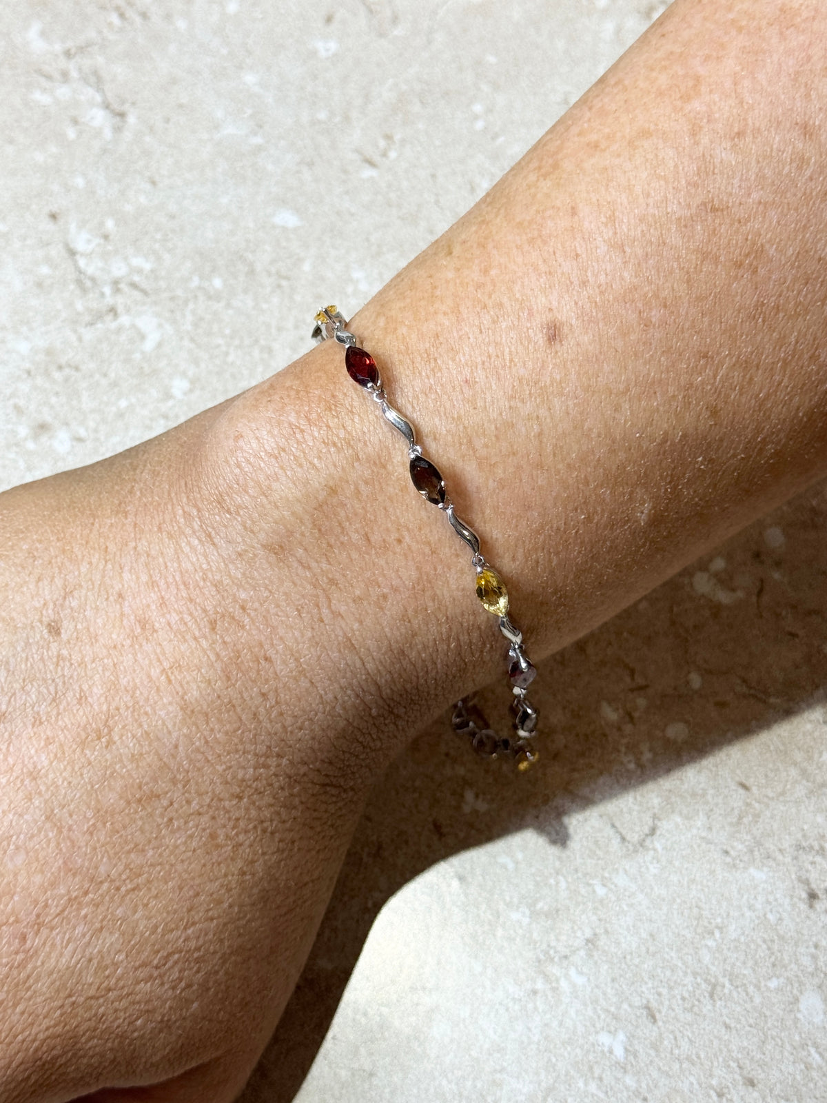 Marquee Cut 9 Stone Multi Coloured Natural Citrine, Garnet & Smokey Quartz Bracelet