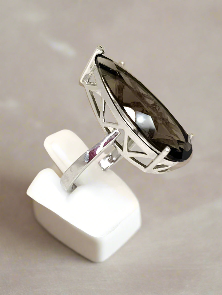 Large Tear Drop, Faceted Natural Smokey Quartz Ring